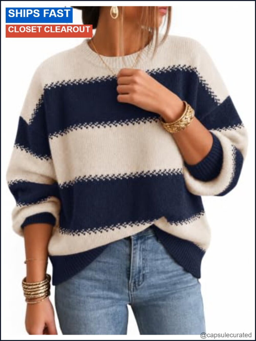 Oversized Striped Knit Sweater Long Sleeve Crew Neck Pullover